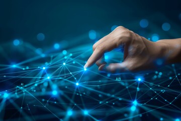 Hand interacting with a digital interface symbolizing human computer interaction and the seamless integration of technology in a futuristic blue setting.