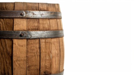 Rustic wooden barrel with weathered metal bands, isolated on a white background, ample space for copy text, high detail and texture, ideal for advertisements