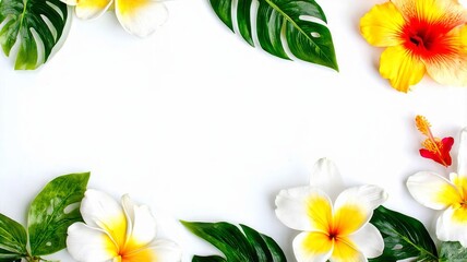 Tropical Floral Frame with Plumeria and Hibiscus Flowers on White Background â€“ Perfect for Invitations and Summer Designs