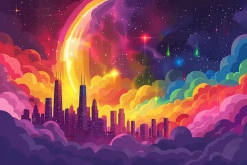 Obraz premium Cityscape Under a Rainbow Galaxy