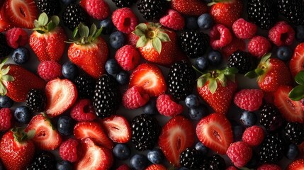 Obraz premium Fresh and colorful mix of ripe strawberries, blackberries, raspberries, and blueberries, cut out