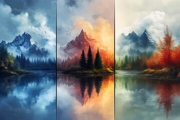 Lo, a tranquil lake 'midst peaks of snow, fire, and autumn, exquisite and serene beyond mortal ken.