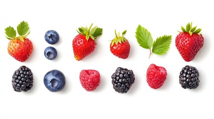 Obraz premium Fresh and vibrant collection of strawberries, blackberries, raspberries, and blueberries, cut out on white