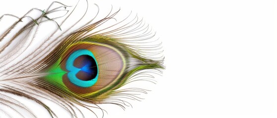 Obraz premium Isolated peacock feather with eye pattern, colorful and detailed, background space for copy