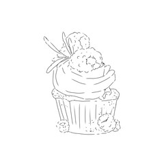 Christmas cupcake with cream raspberries rosemary sprigs baking food dessert graphic black and white line illustration print engraving texture new year eve