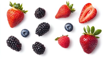 Juicy collection of ripe strawberries, blackberries, raspberries, and blueberries, cut out on white