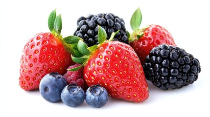 Fototapeta premium Ripe strawberries, blackberries, raspberries, and blueberries, isolated and cut out on white