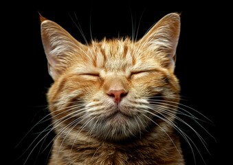 Close-up Photograph of a Relaxed Orange Tabby Cat with Eyes Closed on Black Background