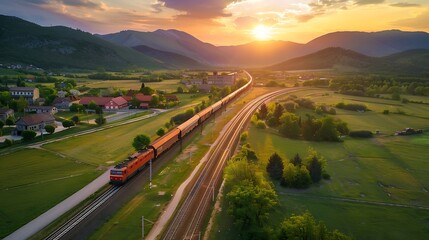 Aerial view of a train travelling through a rural landscape at sunset.