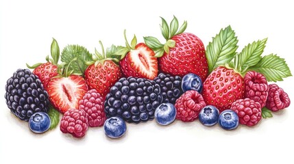 Vibrant cut out of assorted ripe strawberries, blackberries, raspberries, and blueberries