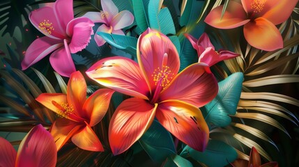 Fototapeta premium the flowers and the textures of the palm leaves. generative ai