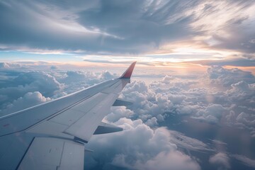 Obraz premium Airplane wing soaring above a breathtaking expanse of clouds, bathed in the warm glow of the setting sun
