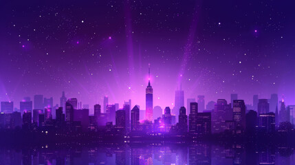 Illustration of a city skyline at night with a vibrant purple sky filled with stars, creating a stunning urban nightscape.