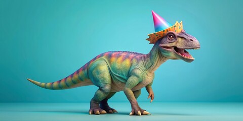 Fototapeta premium Colorful of a cute dinosaur wearing party hats, celebrating a kids birthday party, dinosaur, party hats, celebration, kids