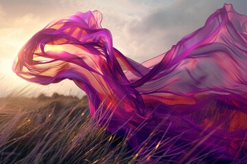 Purple fabric flowing over a field in the wind at sunset, symbolizing freedom, beauty, and the power of nature