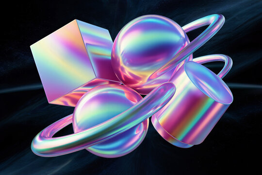 A surreal, abstract arrangement of geometric shapes in a cosmic setting.