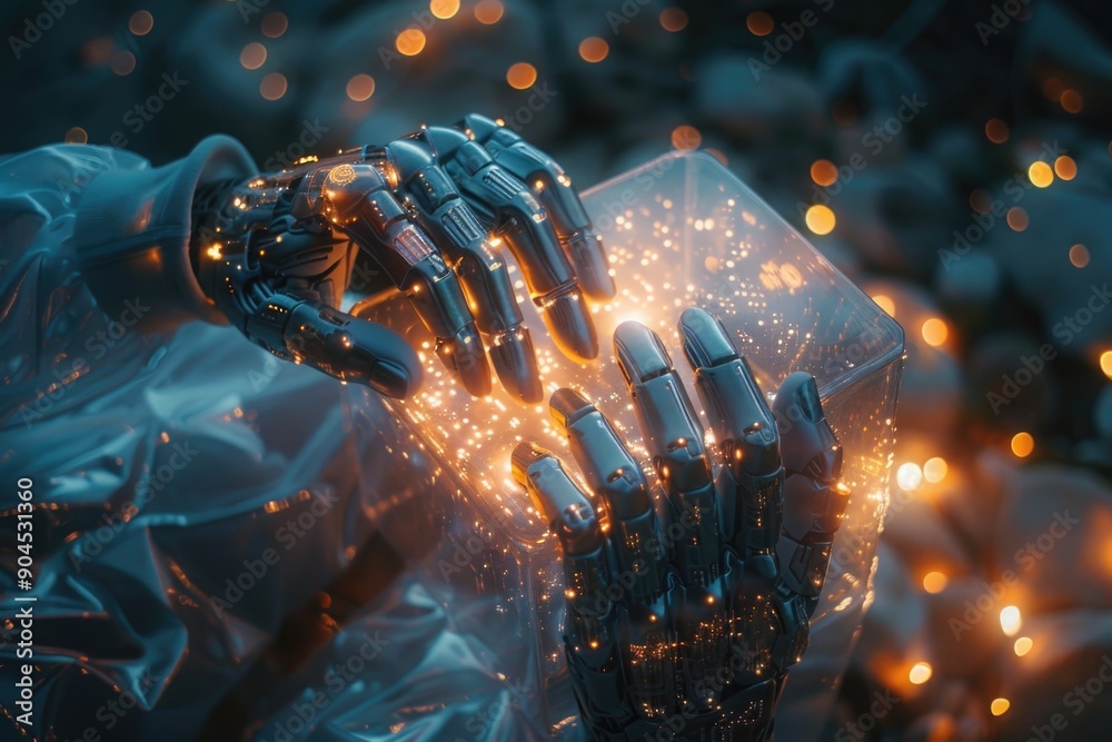 Aufkleber a robot's mechanical hand grasping a luminous item, suitable for futuristic or sci-fi illustrations