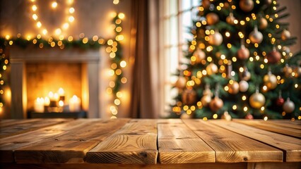 Blurred bokeh lights on empty wood table in Christmas decorated living room interior, Christmas, decorations, holiday, festive