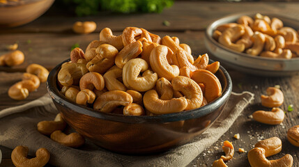 A bowl of cashews is sitting on a table