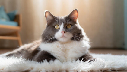 Fototapeta premium Happy cat lying on white carpet in a sunny living room