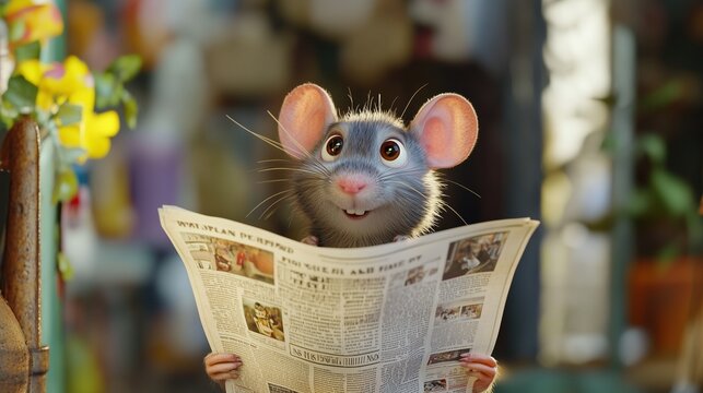 Cute cartoon rat reading newspaper. Animal reading news. Newspaper seller. News from newspapers.
