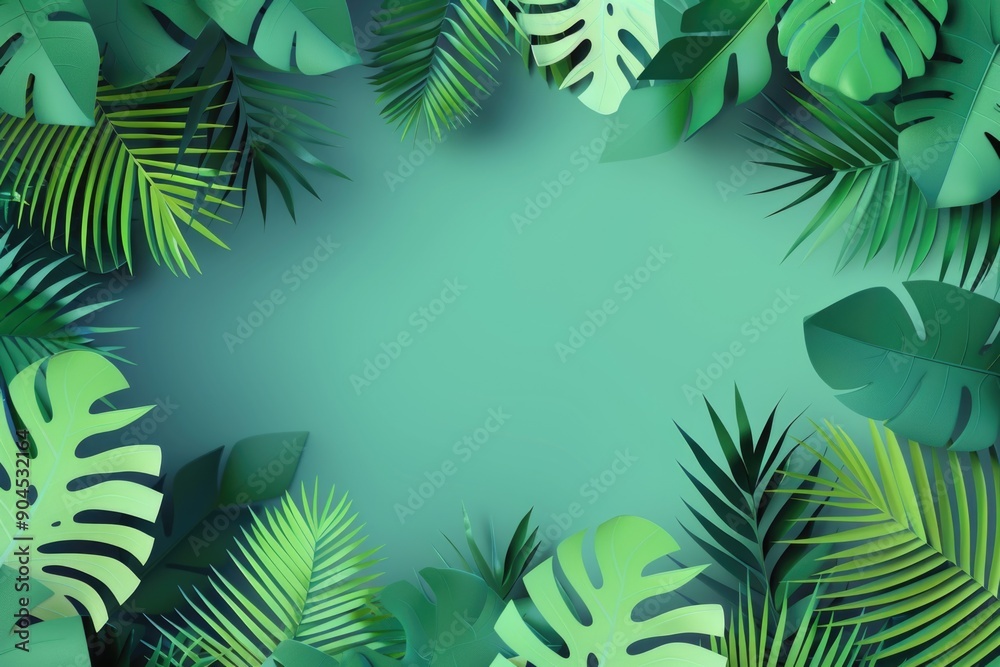 Poster Tropical foliage and leaves against a bright green background