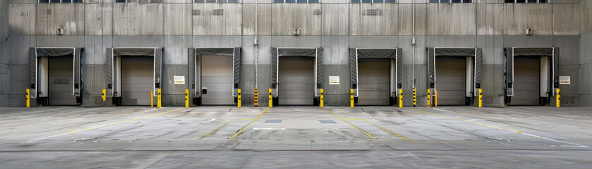 A large building with a lot of trucks parked outside. The trucks are mostly blue and yellow. The sky is orange and the sun is setting