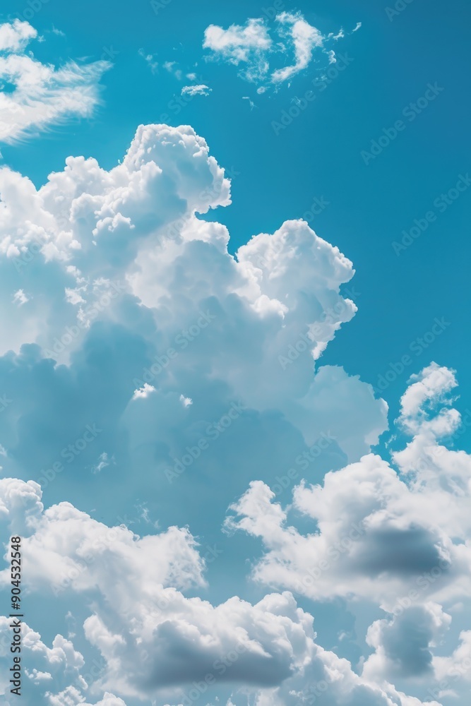 Poster a plane soaring through a bright blue sky filled with clouds