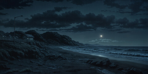 The mountains and beach in the dark night
