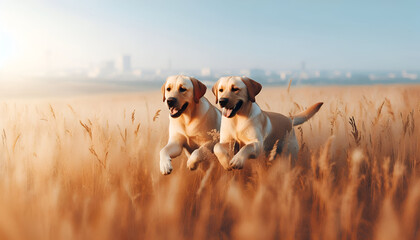 2 dogs prancing in field