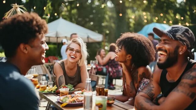 Diverse group of young adult friends smiling at outdoor table