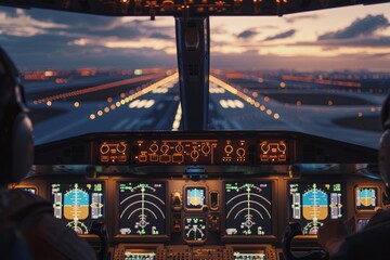 Airplane pilots activating controls and preparing for takeoff from cockpit during sunset