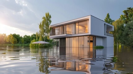 Obraz premium A modern flooded house with large glass windows reflecting trees and sky illustrates the fusion of architecture and natural calamities.