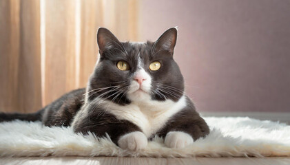 Happy cat lying on white carpet in a sunny living room