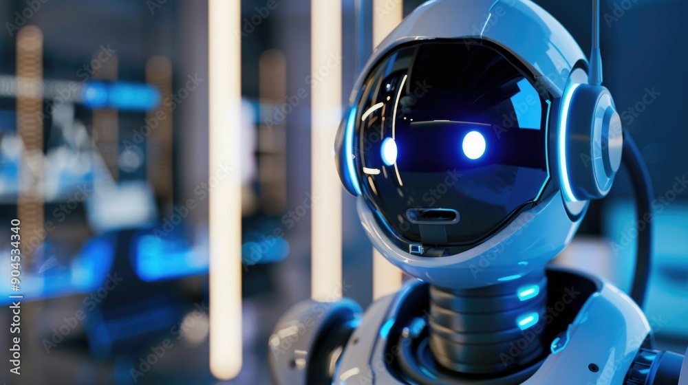 Poster close-up view of a robot's electronic components and blue led light