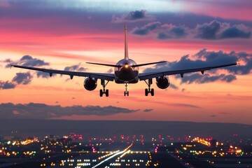 Passenger airplane landing at the airport during sunset