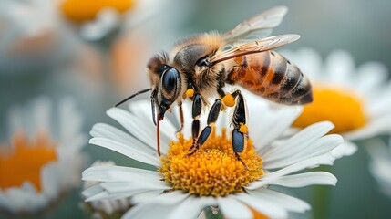 A bee is on a flower, with its head down and its legs spread out