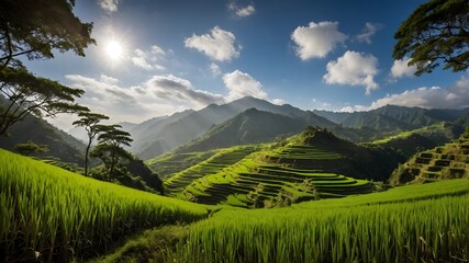 Naklejka premium Landscape of rice terraces in the hills. Ai Generative.