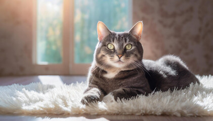 Obraz premium Happy cat lying on white carpet in a sunny living room