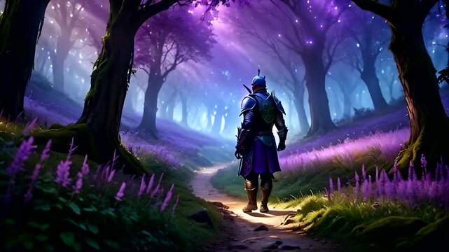 A knight in shining armor walks along a winding path in a magical forest filled with vibrant flowers and mystical light during twilight.