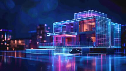 A tall building with a blue lighted facade and a starry sky background. The building is lit up with blue lights, giving it a futuristic and modern appearance