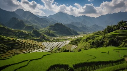 Fototapeta premium Landscape of rice terraces in the hills. Ai Generative.