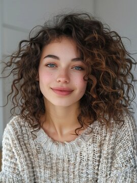 woman, lite smile front portrait magic lite, lite eyes, lite gray white gradient background, curly hair