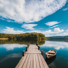 Obraz premium Beautiful lake landscape with row boat and old wooden lake bridge with beautiful sky and cloud background, place for rest and relax, calm water with fresh environment.