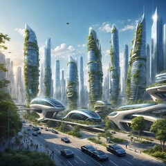 futuristic smart city concept, with sustainable buildings, electric vehicles and technology integrated into the environment.