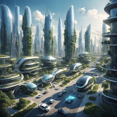 futuristic smart city concept, with sustainable buildings, electric vehicles and technology integrated into the environment.