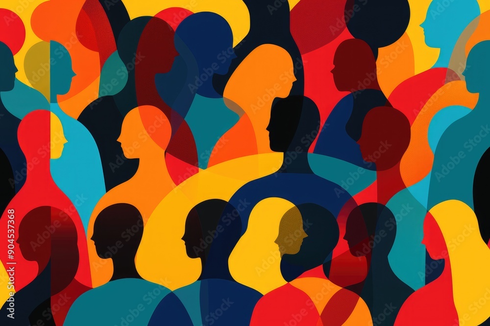 Poster a large group of people standing together in a crowded space, with various emotions and reactions