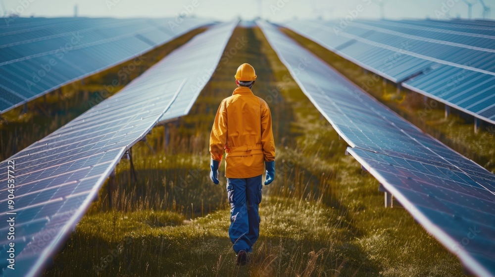 Poster a person standing in front of a row of solar panels, ready for work or maintenance