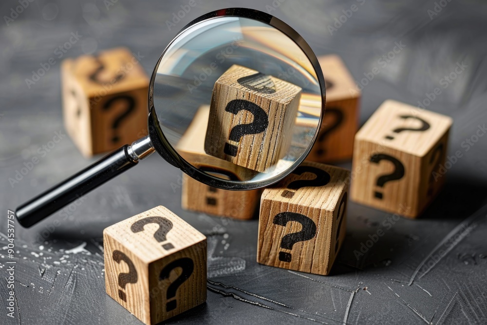 Poster a magnifying glass examines wooden blocks with question marks, great for studying or highlighting cu