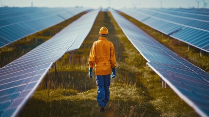 A person standing in front of a row of solar panels, ready for work or maintenance